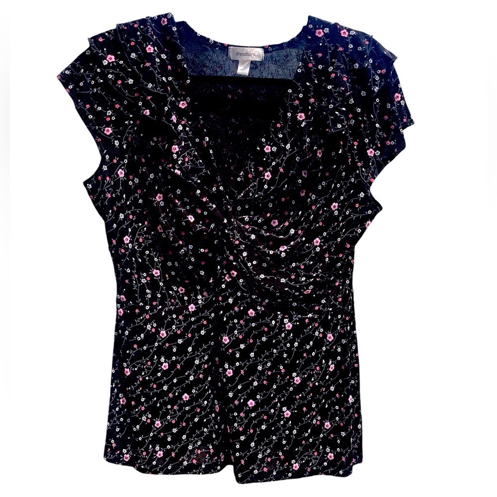 Pretty Short Cap Sleeves Black Floral Top 
READ BELOW!